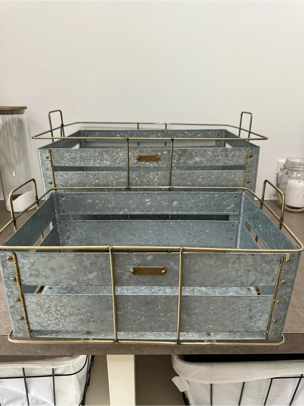 Hearth and Hand with Magnolia Galvanized Metal & Gold Storage Crates Set 2 Large